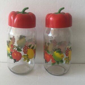 2 Fruits Glass Jars W Red Plastic Twist Lids